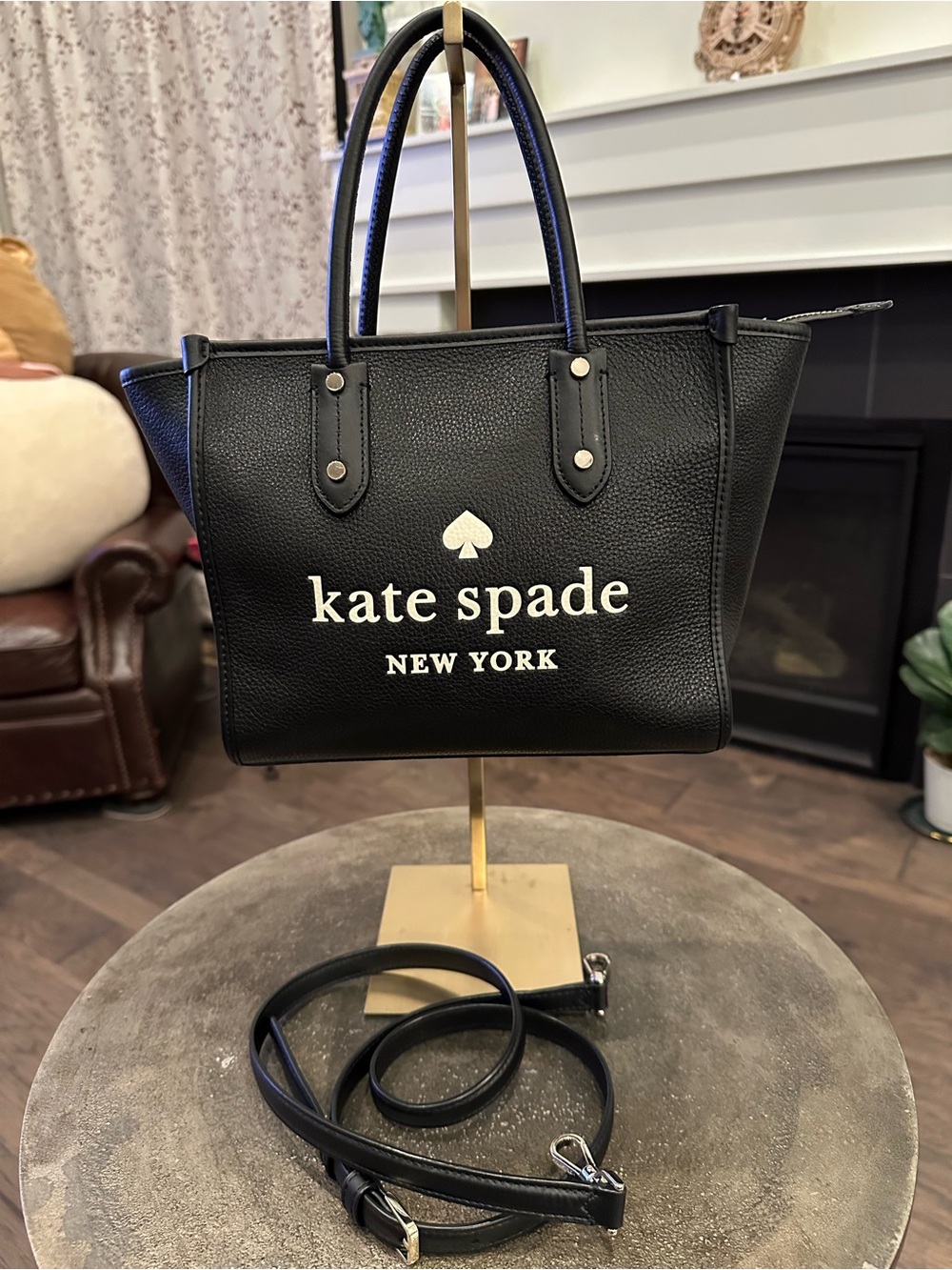 kate spade Black Pebbled Leather Logo Tote with Detachable Strap